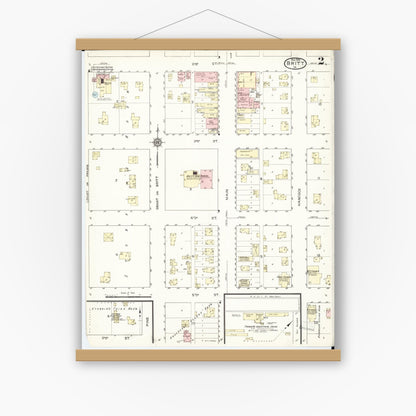 Old map wall art mockup — magnetic wood frame on white wall — Sanborn Fire Insurance Map from Britt, Hancock County, Iowa (1914), Sheet #0002