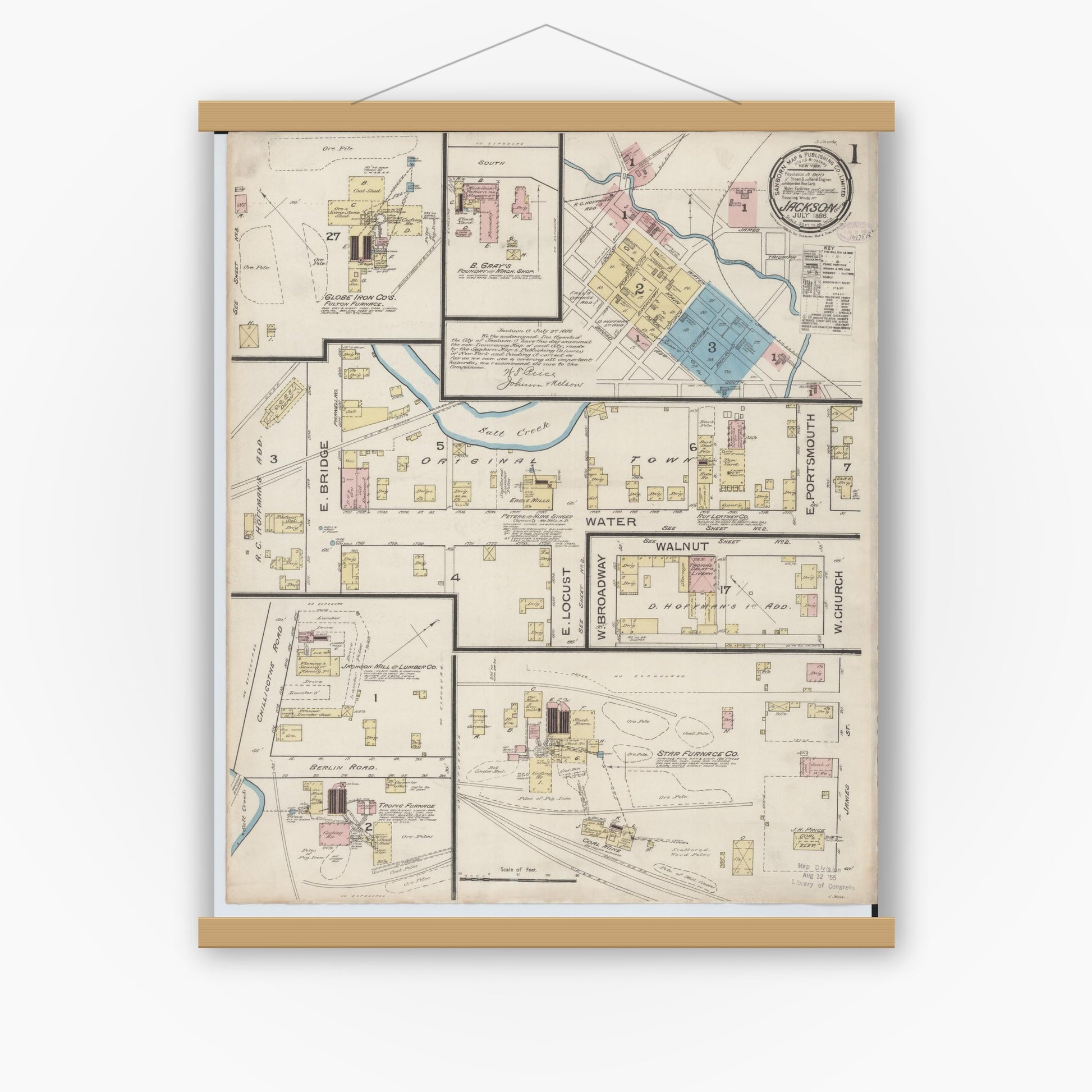 Old map wall art mockup — magnetic wood frame on white wall — Sanborn Fire Insurance Map from Jackson, Jackson County, Ohio (1886) - Complete Map Set