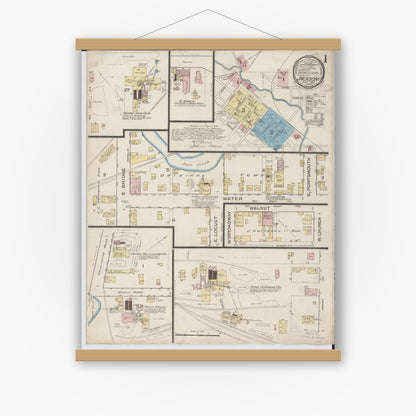 Old map wall art mockup — magnetic wood frame on white wall — Sanborn Fire Insurance Map from Jackson, Jackson County, Ohio (1886) - Complete Map Set