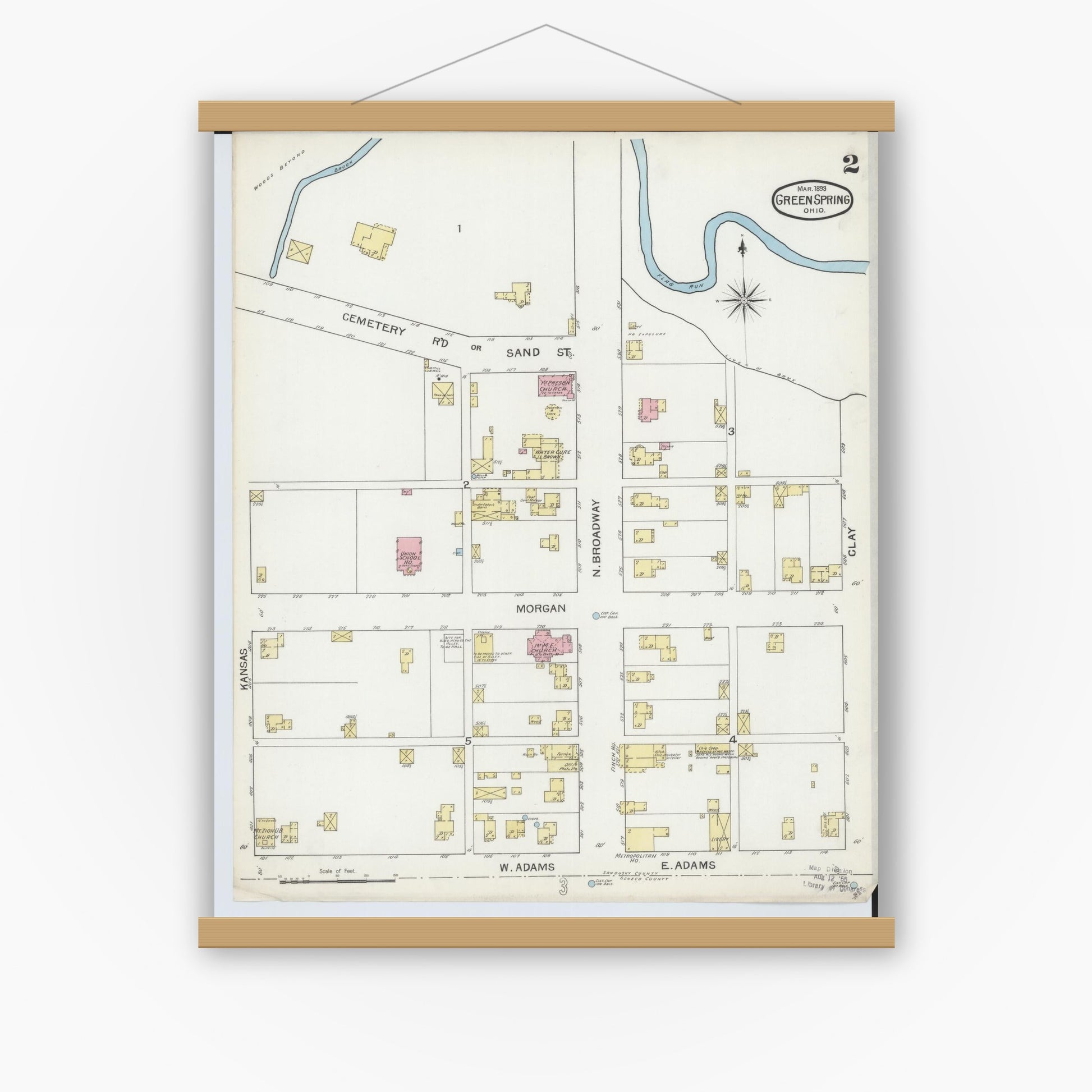 Old map wall art mockup — magnetic wood frame on white wall — Sanborn Fire Insurance Map from Green Springs, Sandusky And Seneca Counties, Ohio (1893), Sheet #0002