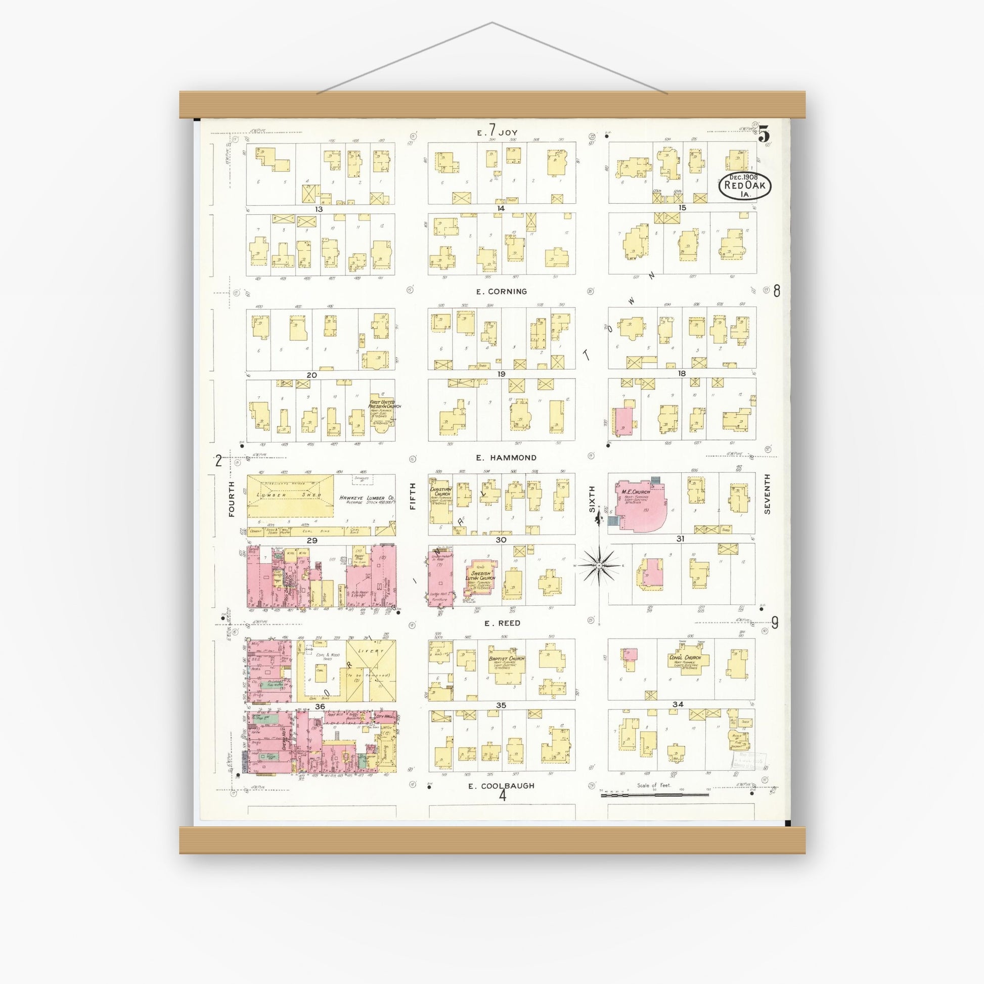 Old map wall art mockup — magnetic wood frame on white wall — Sanborn Fire Insurance Map from Red Oak, Montgomery County, Iowa (1908), Sheet #0005