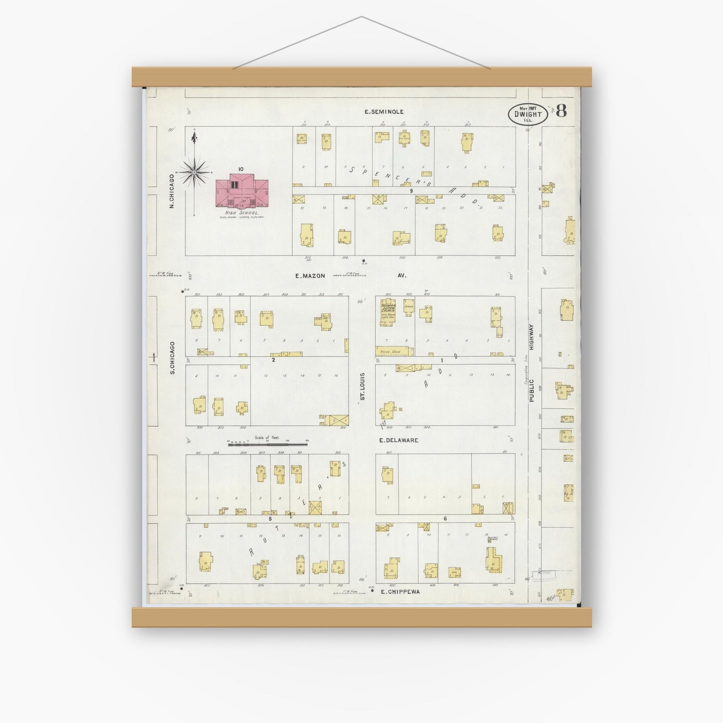 Old map wall art mockup — magnetic wood frame on white wall — Sanborn Fire Insurance Map from Dwight, Livingston County, Illinois (1907), Sheet #0008