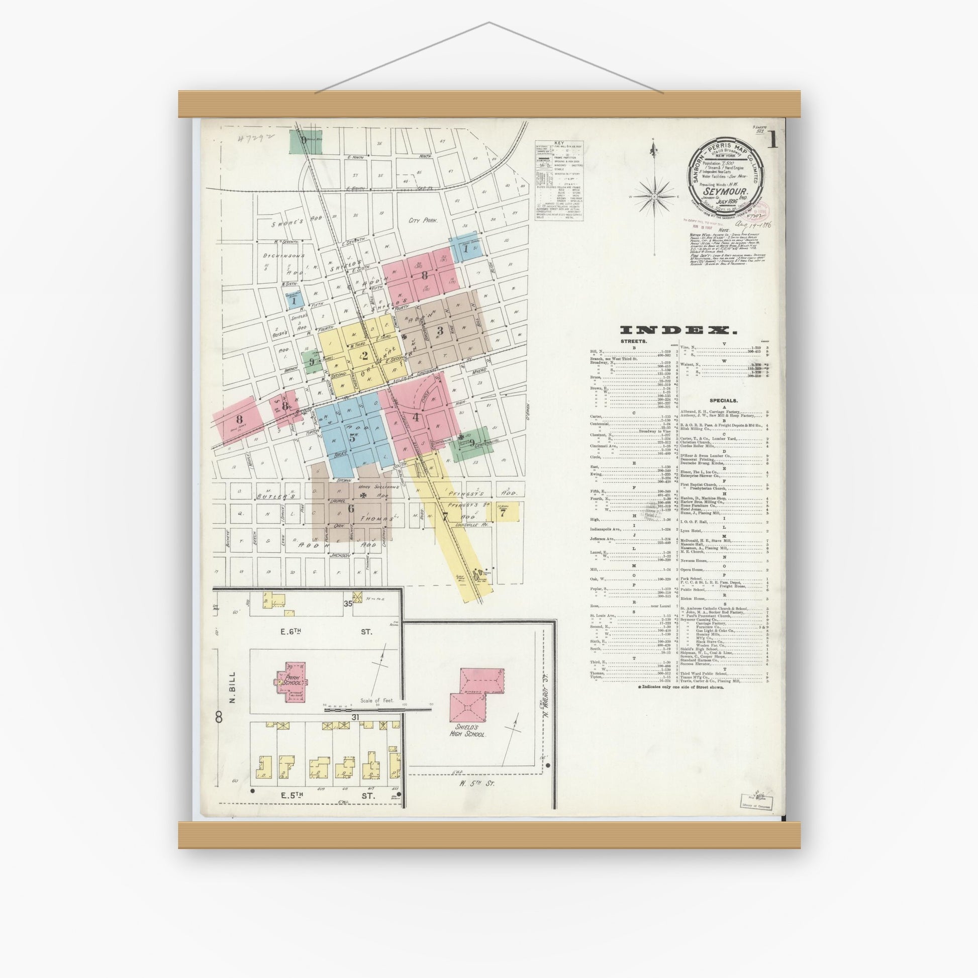 Old map wall art mockup — magnetic wood frame on white wall — Sanborn Fire Insurance Map from Seymour, Jackson County, Indiana (1896), Sheet #0001