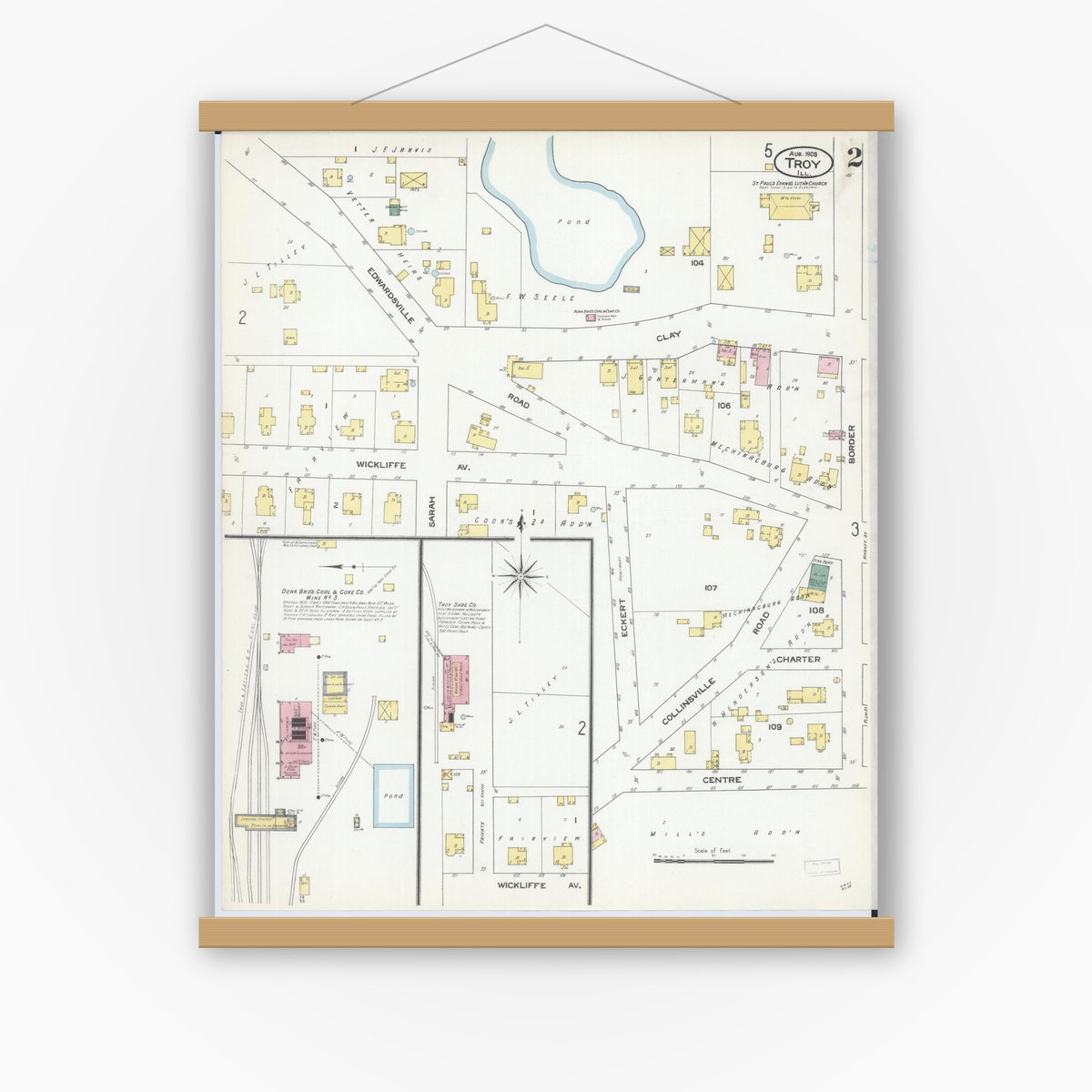 Old map wall art mockup — magnetic wood frame on white wall — Sanborn Fire Insurance Map from Troy, Madison County, Illinois (1909), Sheet #0002