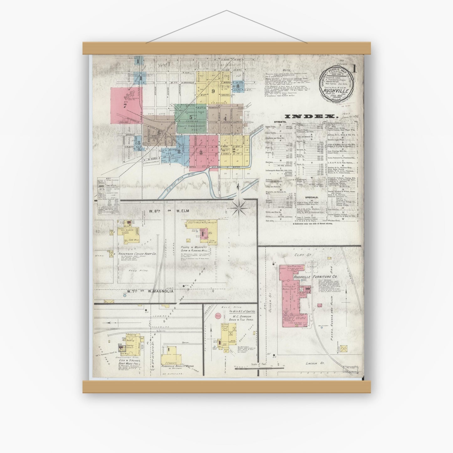 Old map wall art mockup — magnetic wood frame on white wall — Sanborn Fire Insurance Map from Rushville, Rush County, Indiana (1896), Sheet #0001