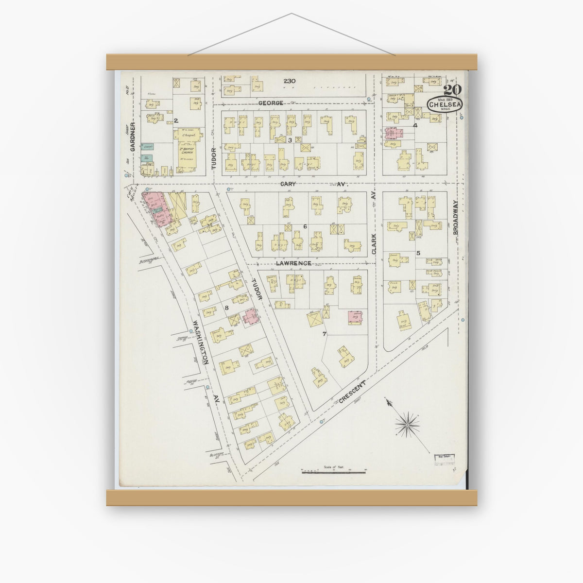Old map wall art mockup — magnetic wood frame on white wall — Sanborn Fire Insurance Map from Chelsea, Suffolk County, Massachusetts (1889), Sheet #0020