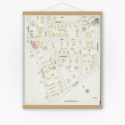Old map wall art mockup — magnetic wood frame on white wall — Sanborn Fire Insurance Map from Chelsea, Suffolk County, Massachusetts (1889), Sheet #0020