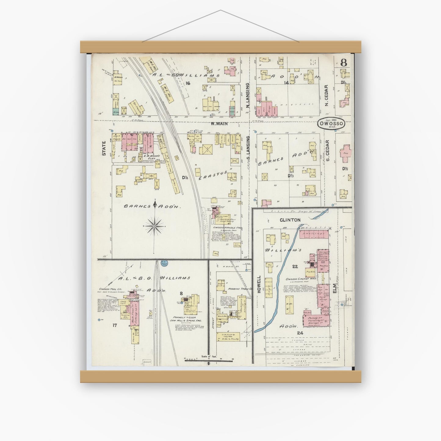 Old map wall art mockup — magnetic wood frame on white wall — Sanborn Fire Insurance Map from Owosso, Shiawassee County, Michigan (1890), Sheet #0008