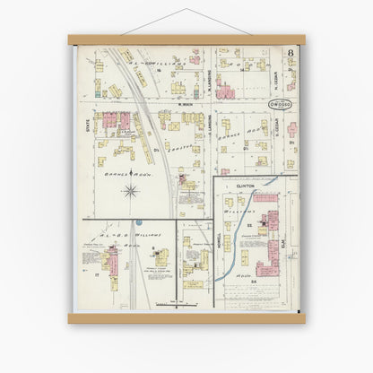 Old map wall art mockup — magnetic wood frame on white wall — Sanborn Fire Insurance Map from Owosso, Shiawassee County, Michigan (1890), Sheet #0008
