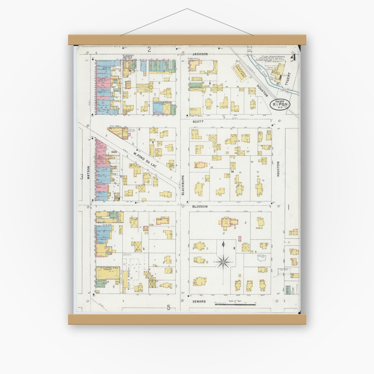 Old map wall art mockup — magnetic wood frame on white wall — Sanborn Fire Insurance Map from Ripon, Fond du Lac County, Wisconsin (1898), Sheet #0004