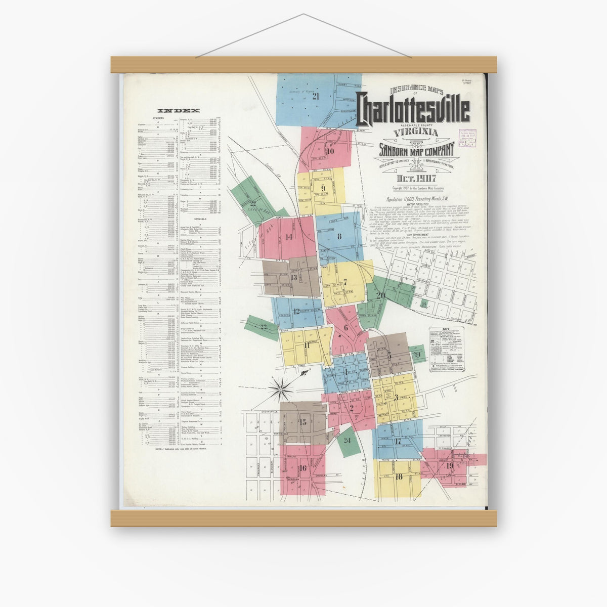Old map wall art mockup — magnetic wood frame on white wall — Sanborn Fire Insurance Map from Charlottesville, Independent Cities, Virginia (1907) - Complete Map Set