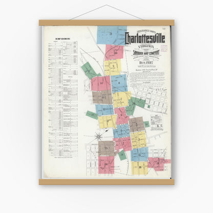Old map wall art mockup — magnetic wood frame on white wall — Sanborn Fire Insurance Map from Charlottesville, Independent Cities, Virginia (1907) - Complete Map Set