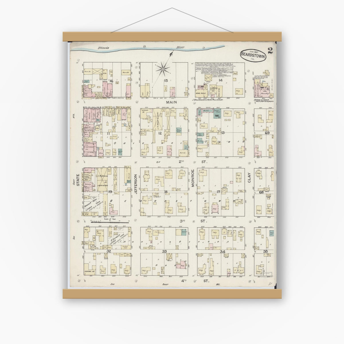 Old map wall art mockup — magnetic wood frame on white wall — Sanborn Fire Insurance Map from Beardstown, Cass County, Illinois (1887), Sheet #0002