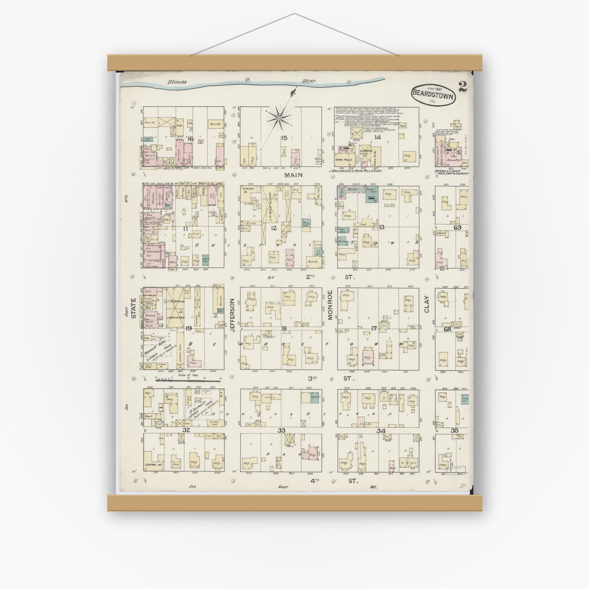 Old map wall art mockup — magnetic wood frame on white wall — Sanborn Fire Insurance Map from Beardstown, Cass County, Illinois (1887), Sheet #0002