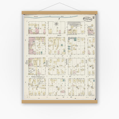 Old map wall art mockup — magnetic wood frame on white wall — Sanborn Fire Insurance Map from Beardstown, Cass County, Illinois (1887), Sheet #0002