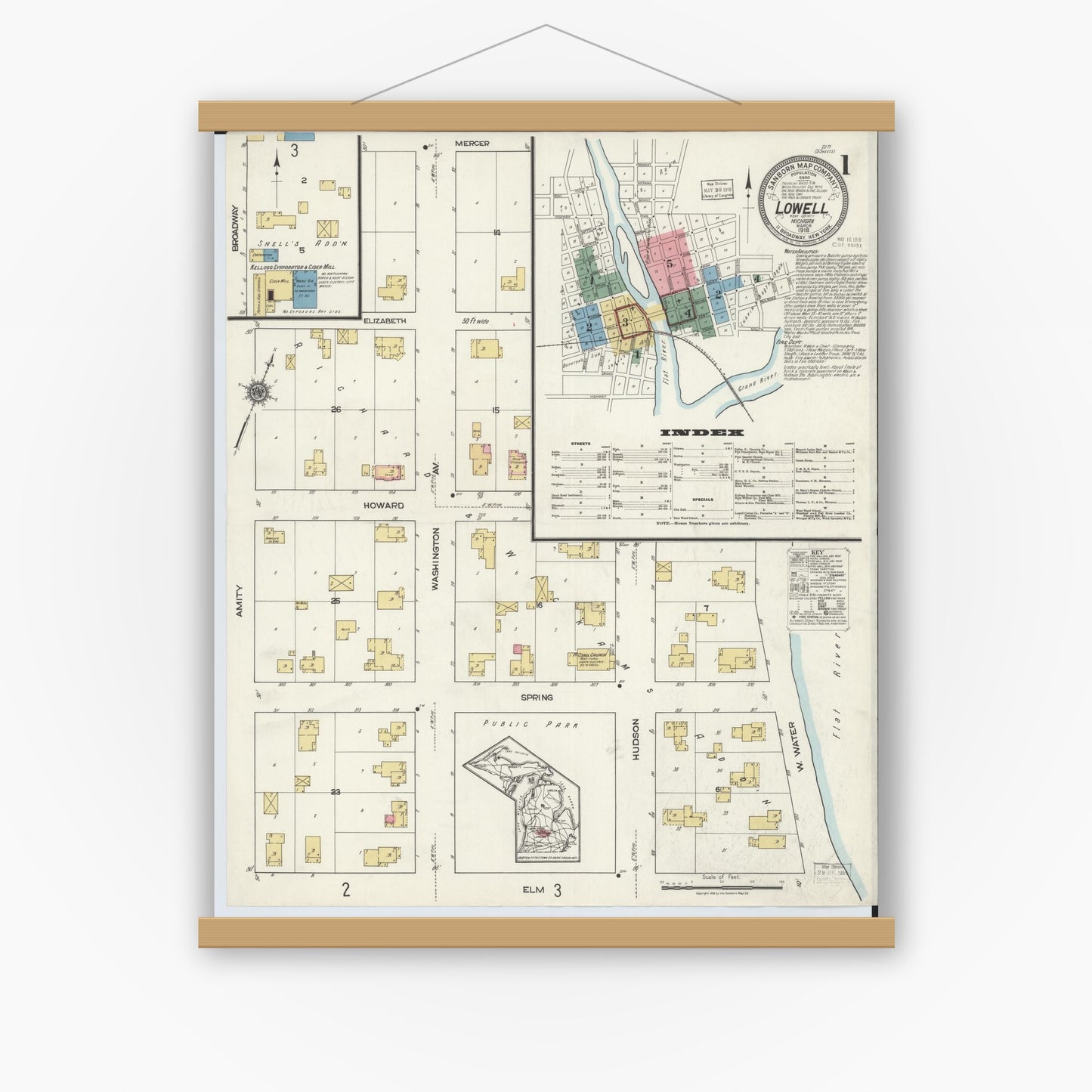 Old map wall art mockup — magnetic wood frame on white wall — Sanborn Fire Insurance Map from Lowell, Kent County, Michigan (1918) - Complete Map Set