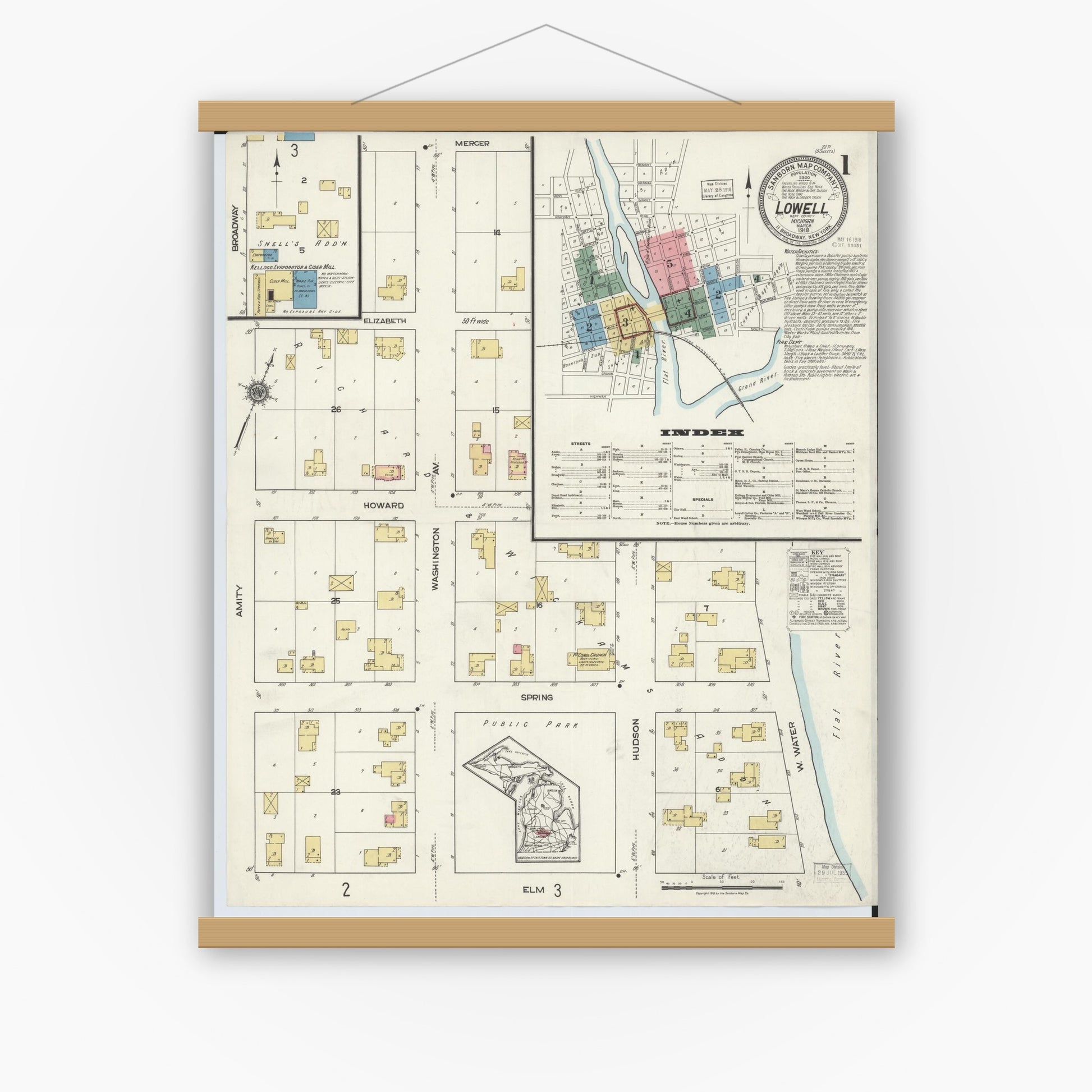 Old map wall art mockup — magnetic wood frame on white wall — Sanborn Fire Insurance Map from Lowell, Kent County, Michigan (1918) - Complete Map Set
