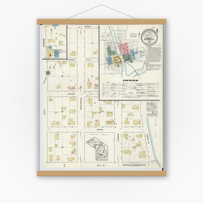 Old map wall art mockup — magnetic wood frame on white wall — Sanborn Fire Insurance Map from Lowell, Kent County, Michigan (1918) - Complete Map Set