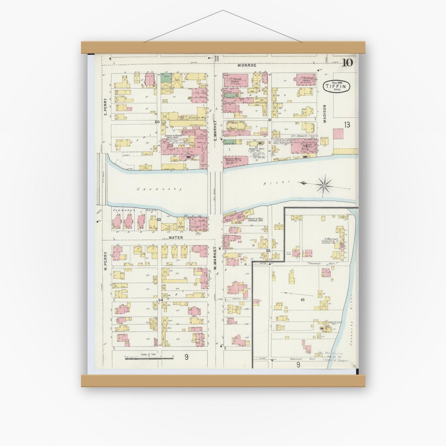 Old map wall art mockup — magnetic wood frame on white wall — Sanborn Fire Insurance Map from Tiffin, Seneca County, Ohio (1896), Sheet #0010