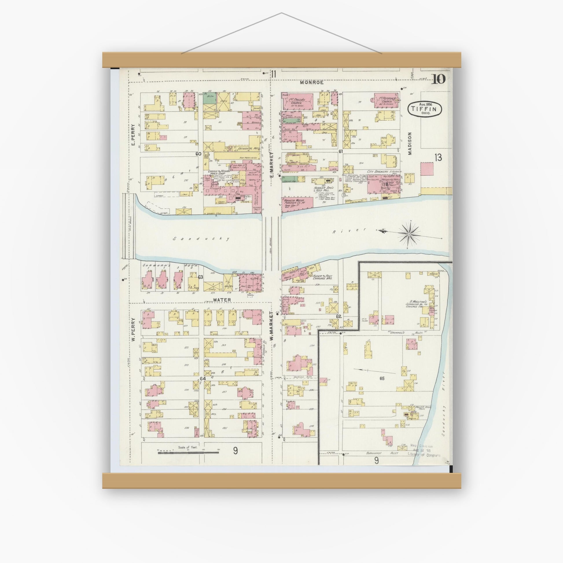 Old map wall art mockup — magnetic wood frame on white wall — Sanborn Fire Insurance Map from Tiffin, Seneca County, Ohio (1896), Sheet #0010