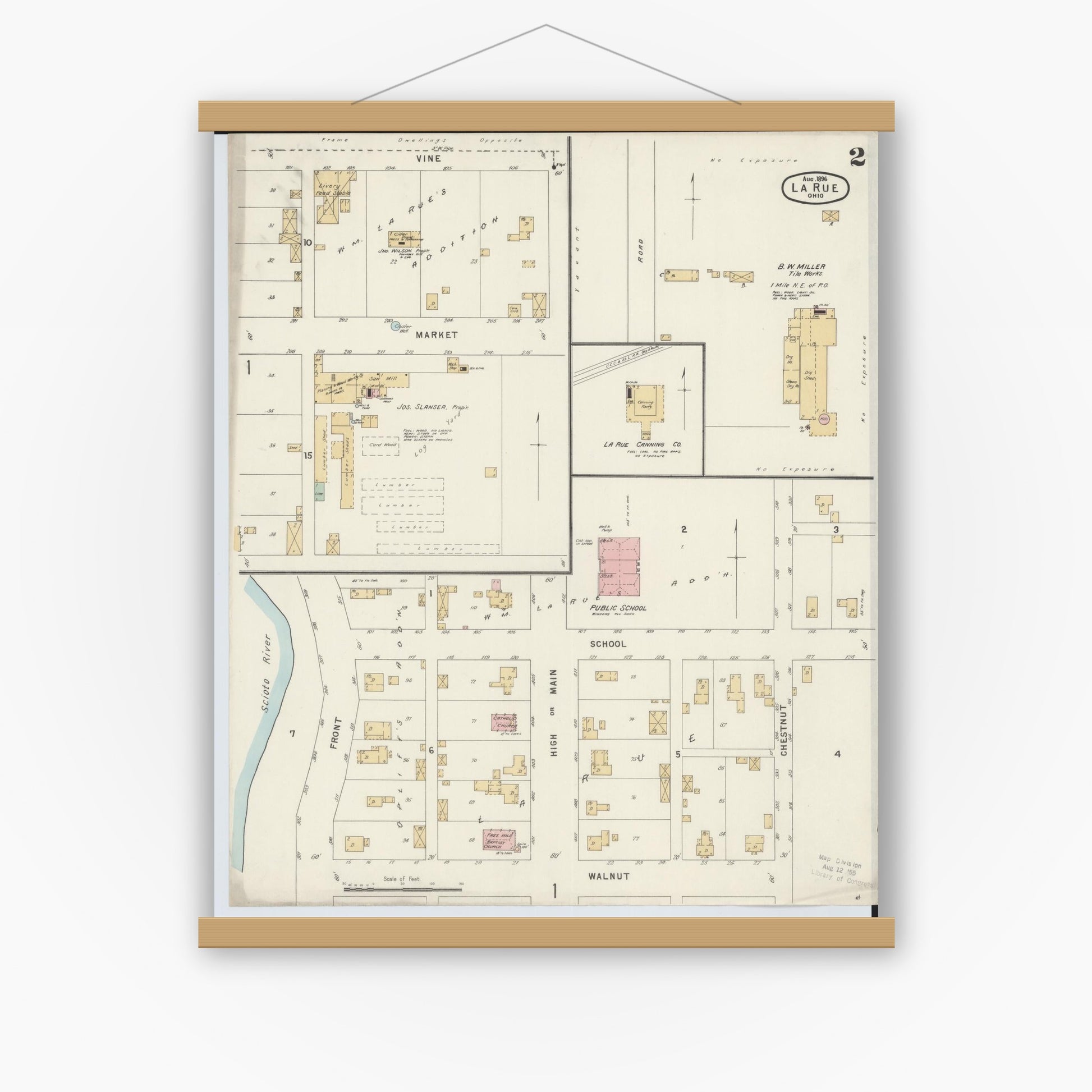 Old map wall art mockup — magnetic wood frame on white wall — Sanborn Fire Insurance Map from La Rue, Marion County, Ohio (1891), Sheet #0002