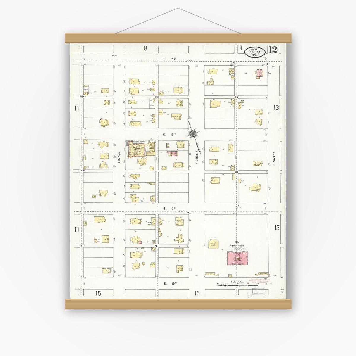 Old map wall art mockup — magnetic wood frame on white wall — Sanborn Fire Insurance Map from Corona, Riverside County, California (1911), Sheet #0012