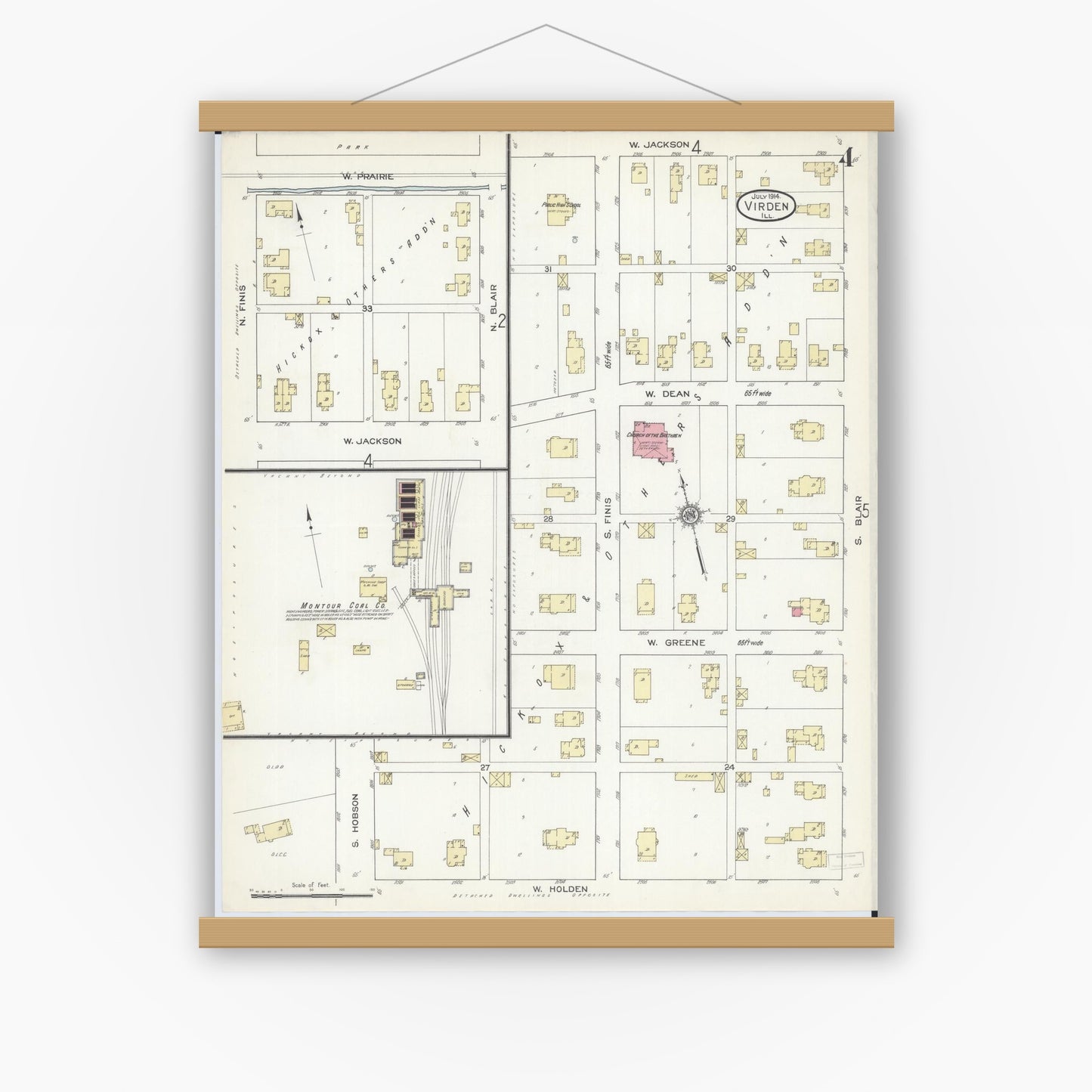 Old map wall art mockup — magnetic wood frame on white wall — Sanborn Fire Insurance Map from Virden, Macoupin County, Illinois (1914), Sheet #0004