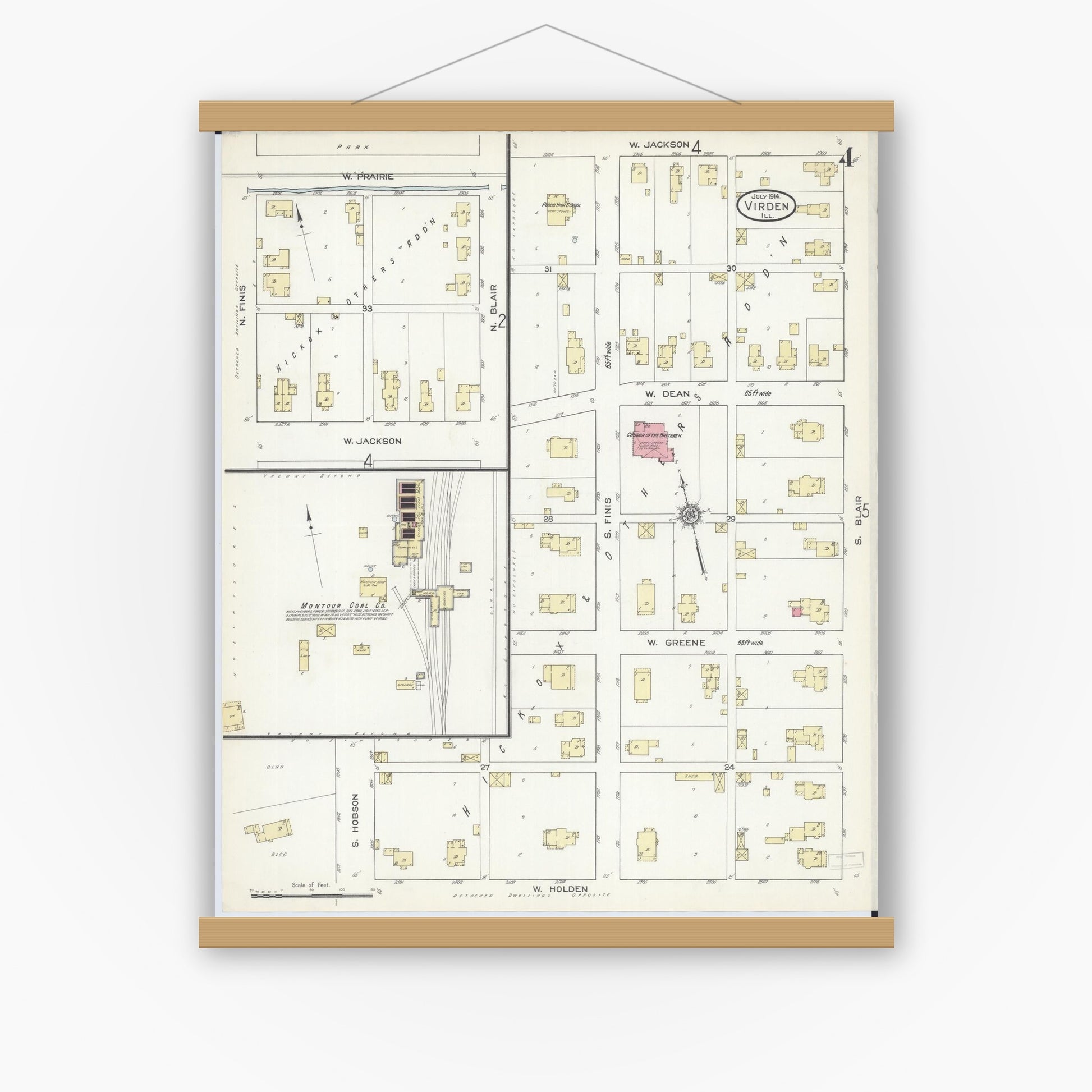 Old map wall art mockup — magnetic wood frame on white wall — Sanborn Fire Insurance Map from Virden, Macoupin County, Illinois (1914), Sheet #0004