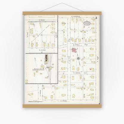 Old map wall art mockup — magnetic wood frame on white wall — Sanborn Fire Insurance Map from Virden, Macoupin County, Illinois (1914), Sheet #0004