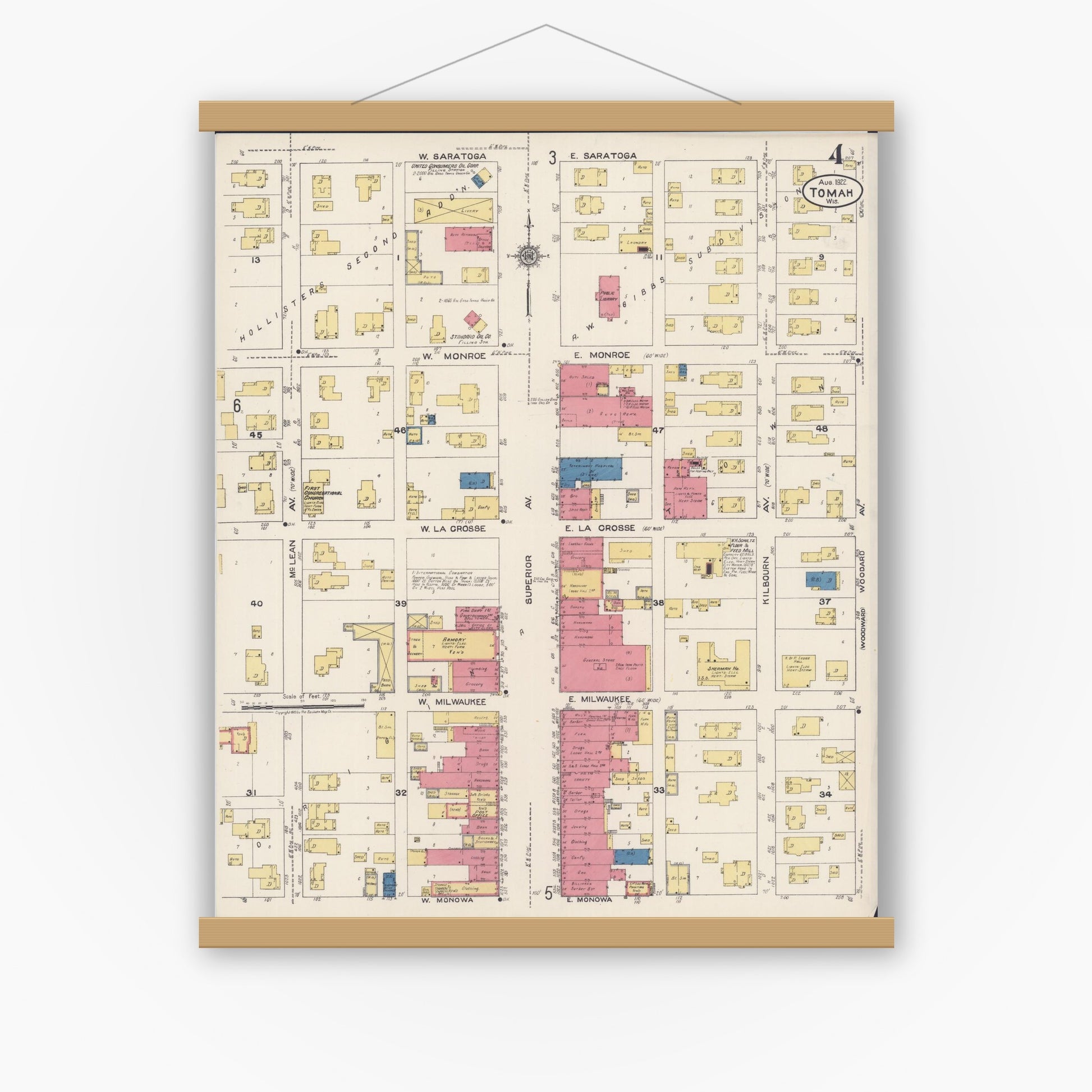 Old map wall art mockup — magnetic wood frame on white wall — Sanborn Fire Insurance Map from Tomah, Monroe County, Wisconsin (1922), Sheet #0004