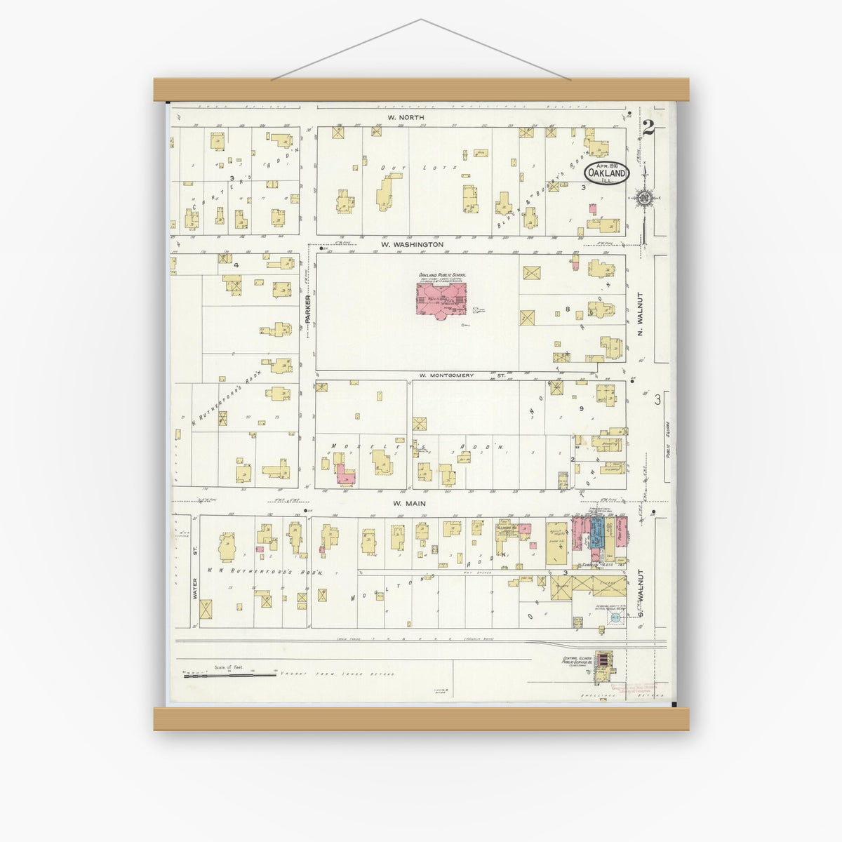 Old map wall art mockup — magnetic wood frame on white wall — Sanborn Fire Insurance Map from Oakland, Coles County, Illinois (1916), Sheet #0002