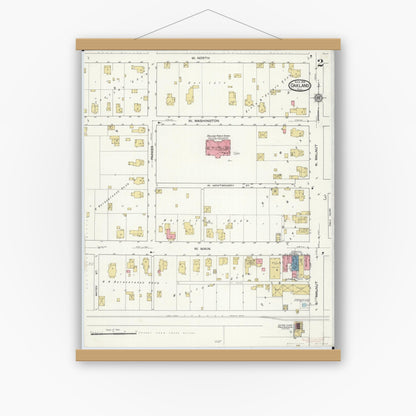 Old map wall art mockup — magnetic wood frame on white wall — Sanborn Fire Insurance Map from Oakland, Coles County, Illinois (1916), Sheet #0002