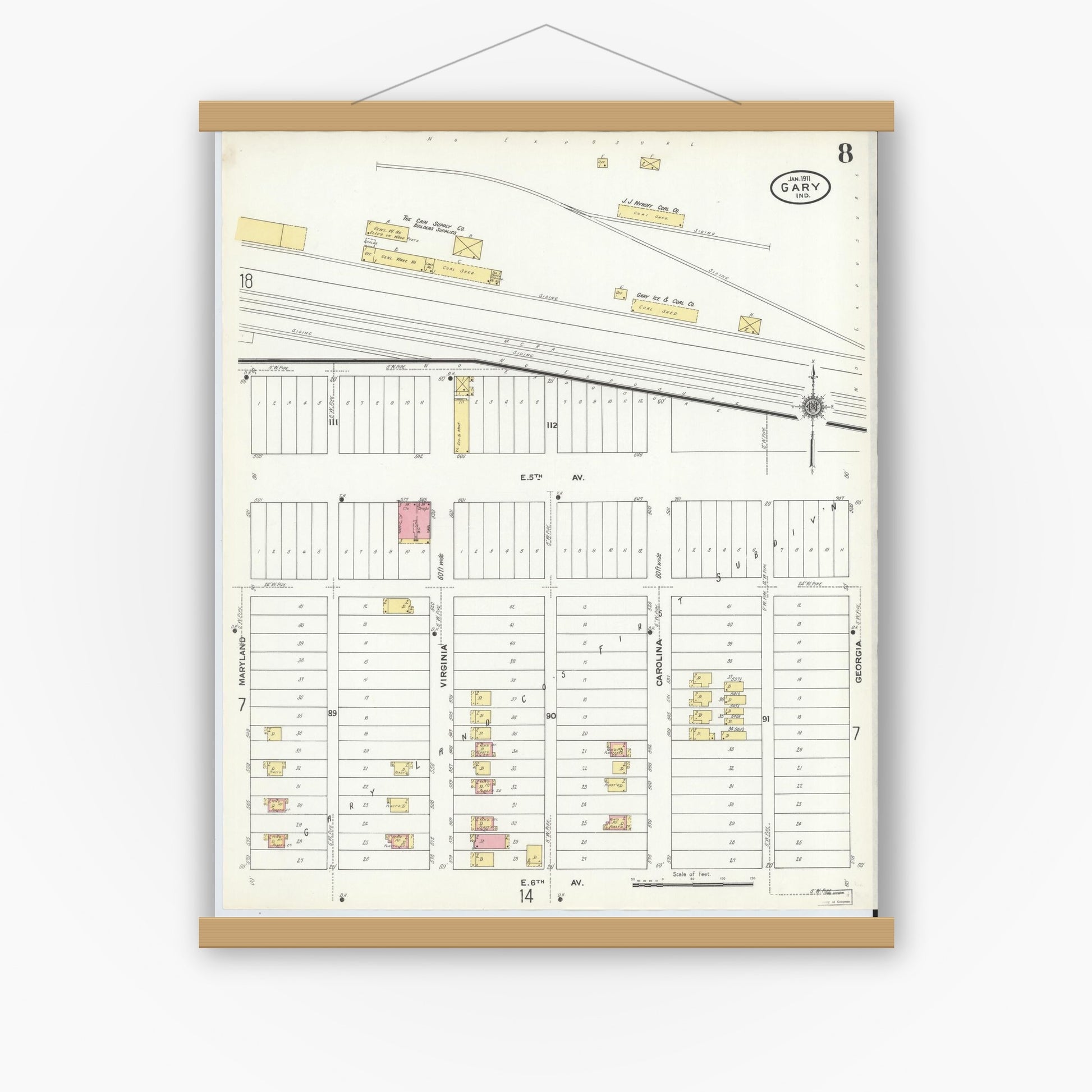 Old map wall art mockup — magnetic wood frame on white wall — Sanborn Fire Insurance Map from Gary, Lake County, Indiana (1911), Sheet #0008