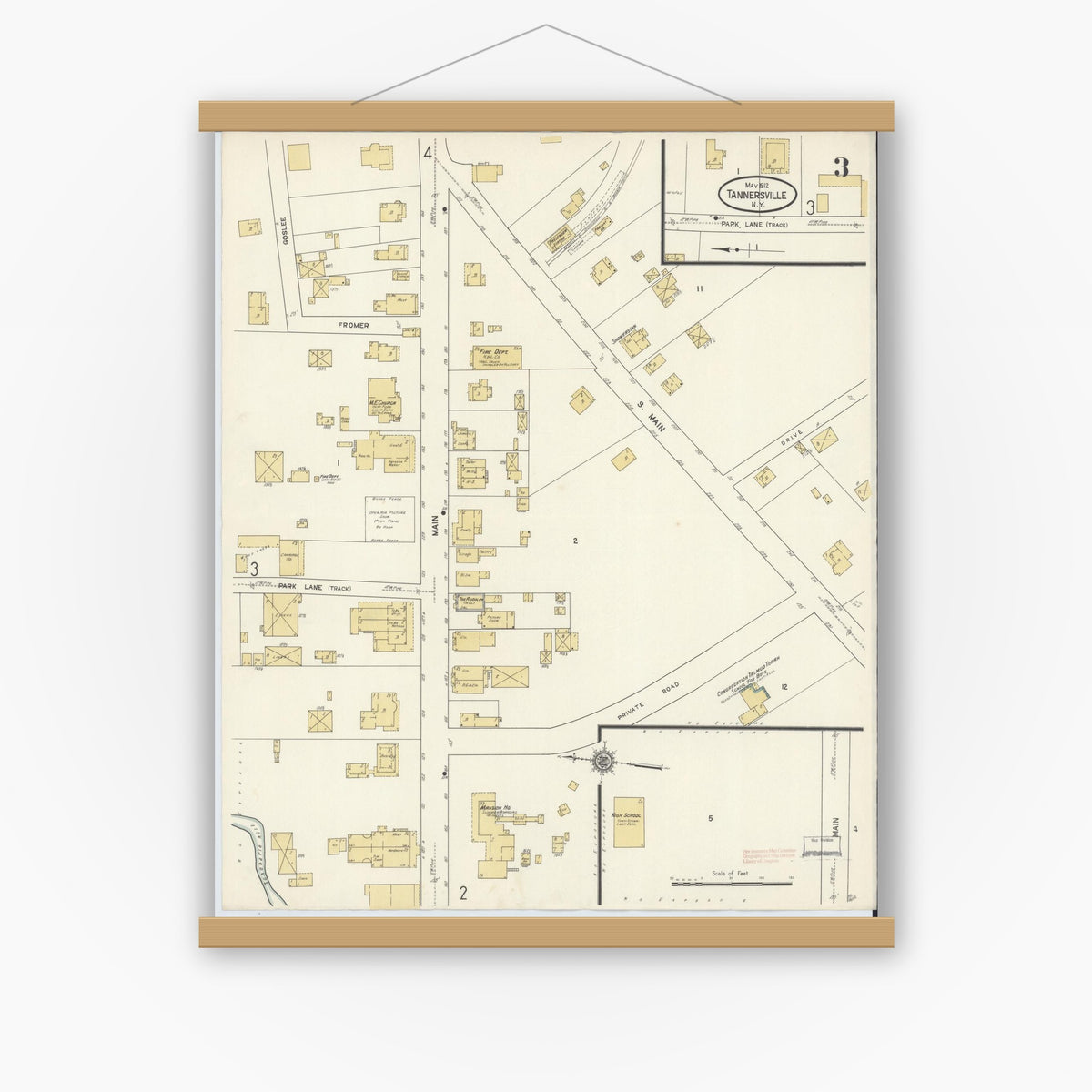 Old map wall art mockup — magnetic wood frame on white wall — Sanborn Fire Insurance Map from Tannersville, Greene County, New York (1912), Sheet #0003