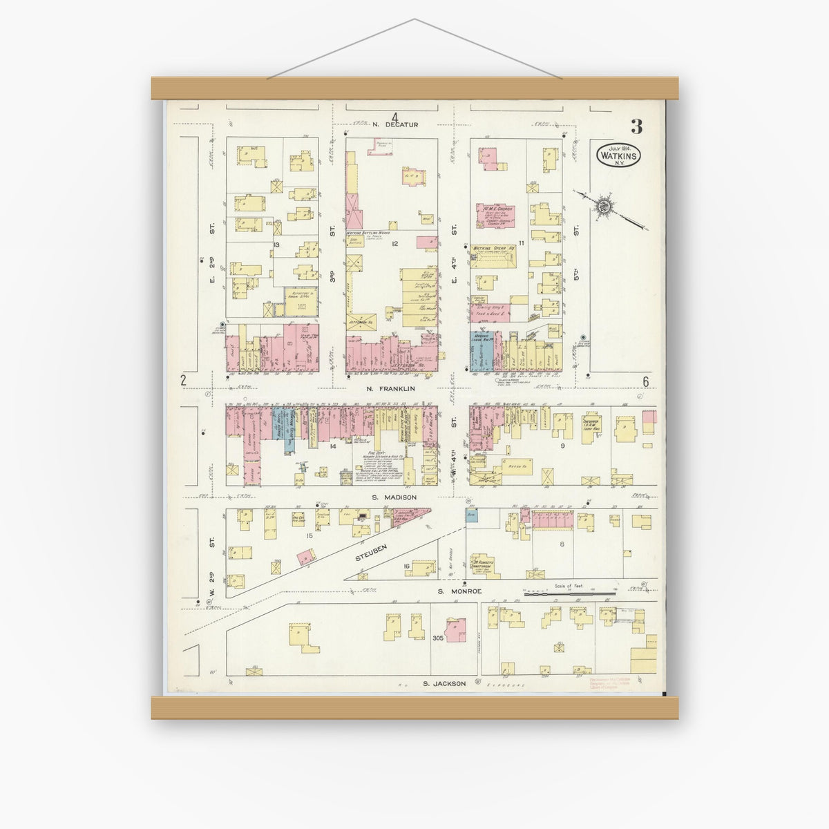 Old map wall art mockup — magnetic wood frame on white wall — Sanborn Fire Insurance Map from Watkins Glen, Schuyler County, New York (1914), Sheet #0003
