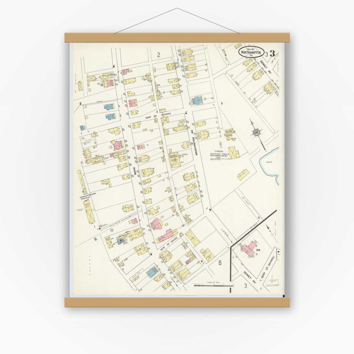 Old map wall art mockup — magnetic wood frame on white wall — Sanborn Fire Insurance Map from Northampton, Northampton County, Pennsylvania (1911), Sheet #0003