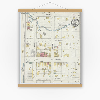 Old map wall art mockup — magnetic wood frame on white wall — Sanborn Fire Insurance Map from Gillespie, Macoupin County, Illinois (1894) - Complete Map Set