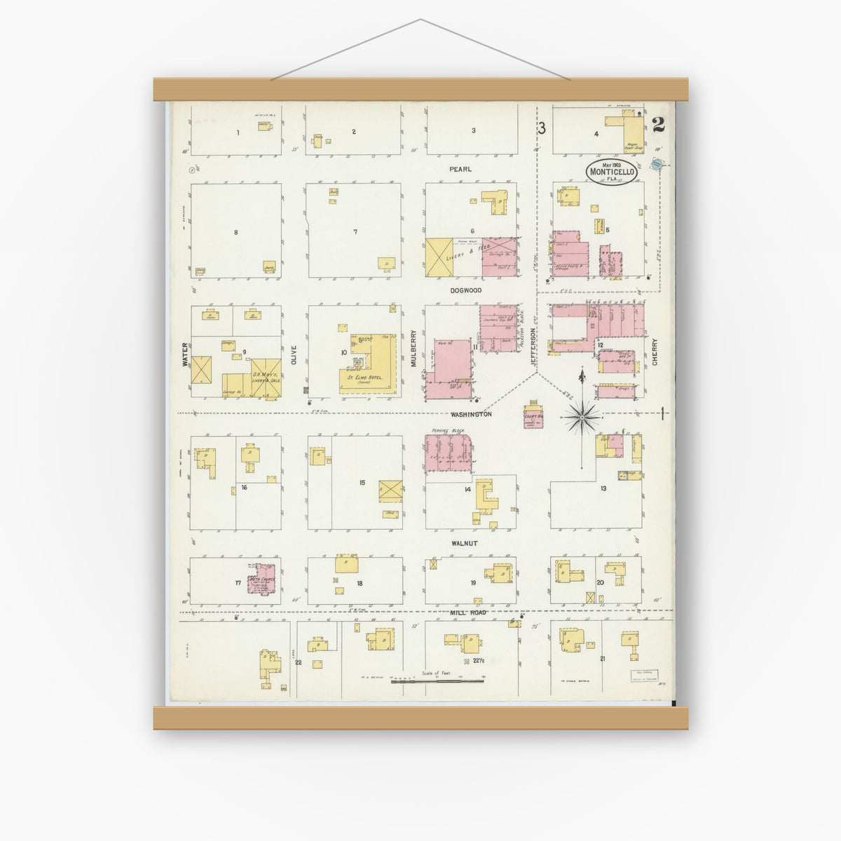 Old map wall art mockup — magnetic wood frame on white wall — Sanborn Fire Insurance Map from Monticello, Jefferson County, Florida (1903), Sheet #0002