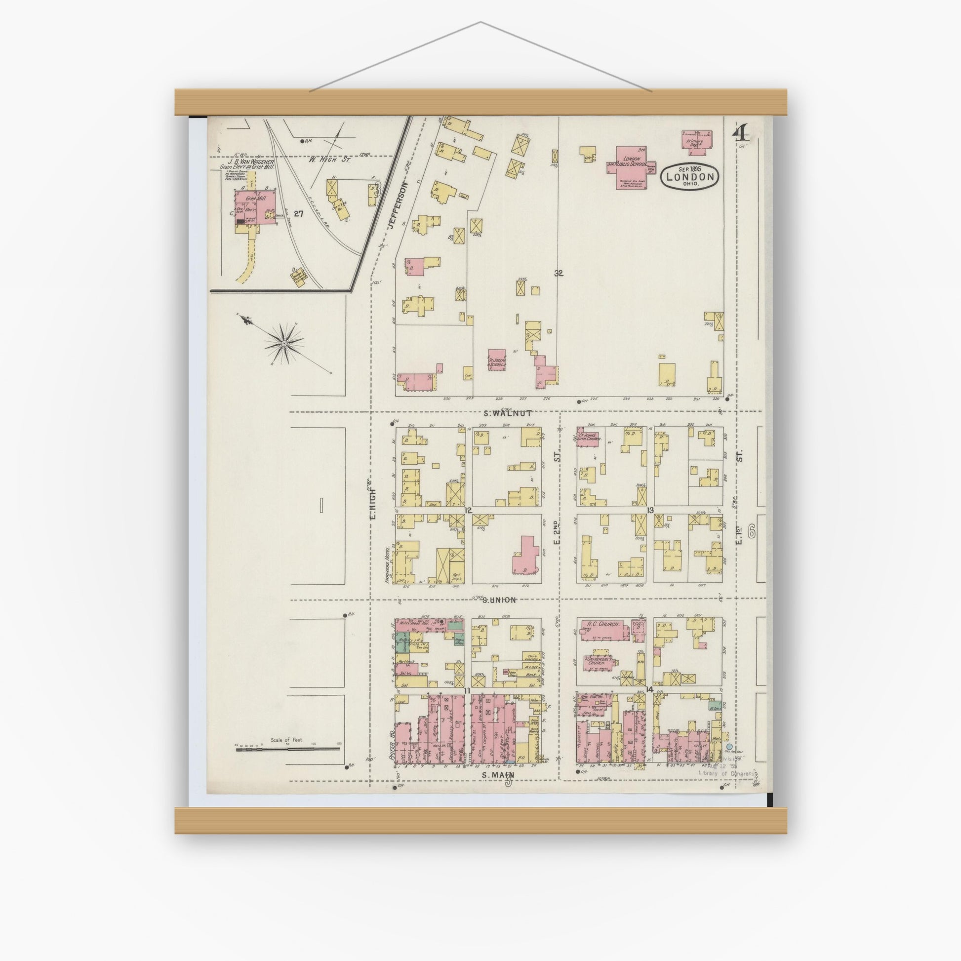 Old map wall art mockup — magnetic wood frame on white wall — Sanborn Fire Insurance Map from London, Madison County, Ohio (1895), Sheet #0004