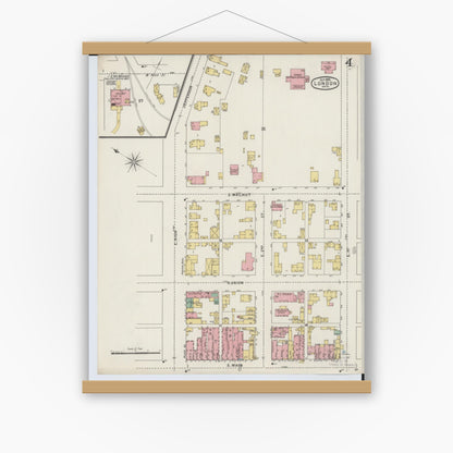 Old map wall art mockup — magnetic wood frame on white wall — Sanborn Fire Insurance Map from London, Madison County, Ohio (1895), Sheet #0004