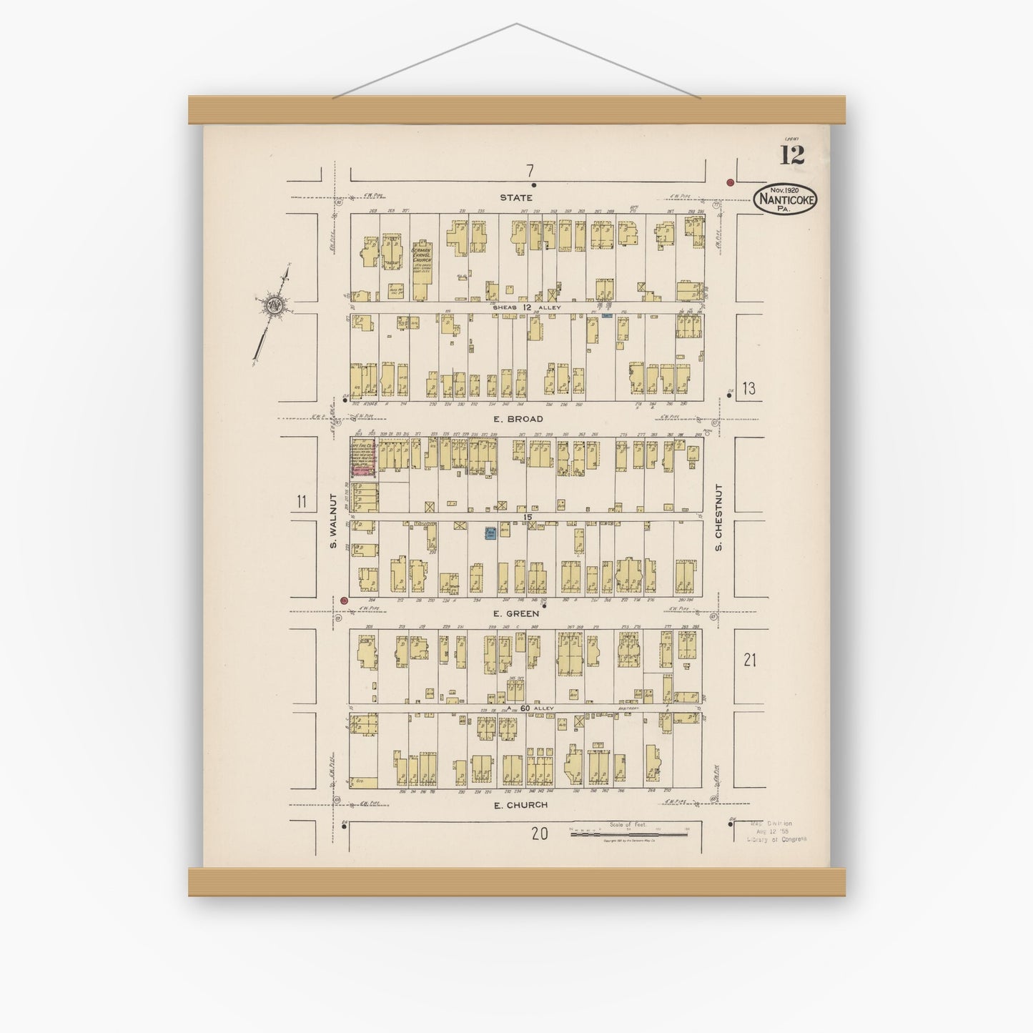 Old map wall art mockup — magnetic wood frame on white wall — Sanborn Fire Insurance Map from Nanticoke, Luzerne County, Pennsylvania (1920), Sheet #0012