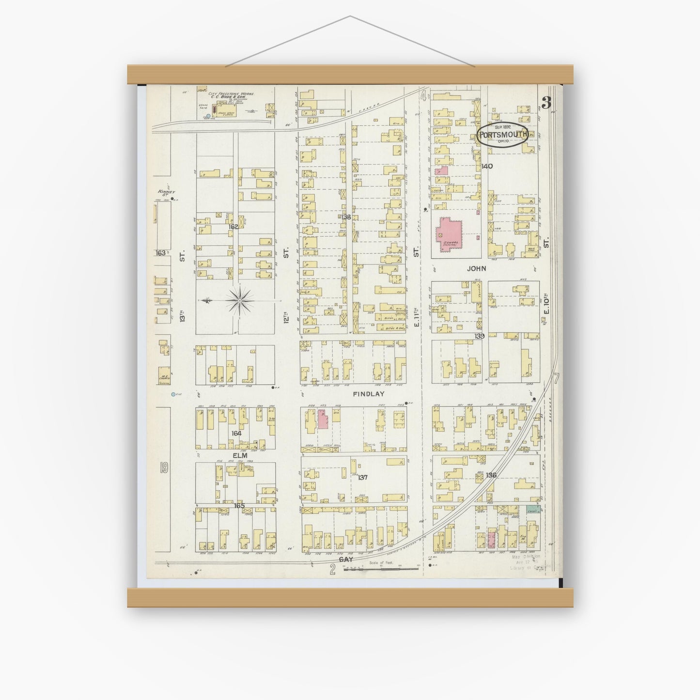 Old map wall art mockup — magnetic wood frame on white wall — Sanborn Fire Insurance Map from Portsmouth, Scioto County, Ohio (1892), Sheet #0003