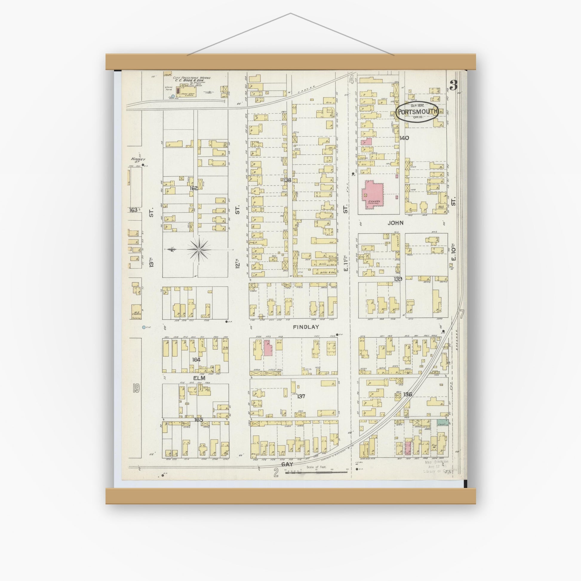 Old map wall art mockup — magnetic wood frame on white wall — Sanborn Fire Insurance Map from Portsmouth, Scioto County, Ohio (1892), Sheet #0003