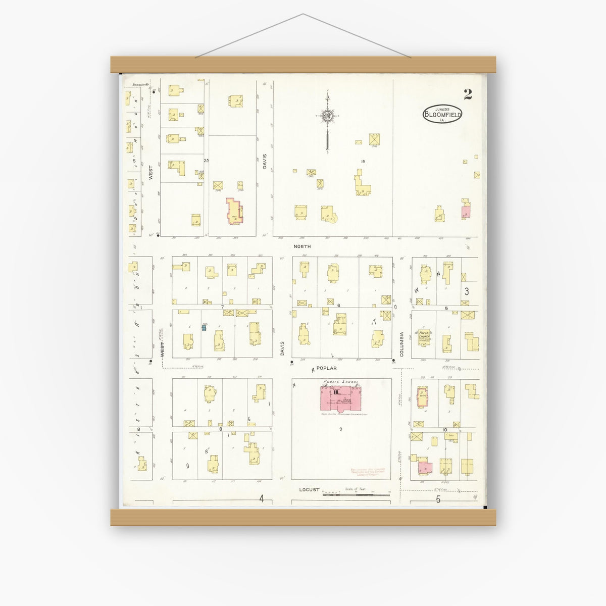 Old map wall art mockup — magnetic wood frame on white wall — Sanborn Fire Insurance Map from Bloomfield, Davis County, Iowa (1913), Sheet #0002