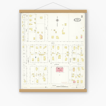 Old map wall art mockup — magnetic wood frame on white wall — Sanborn Fire Insurance Map from Bloomfield, Davis County, Iowa (1913), Sheet #0002
