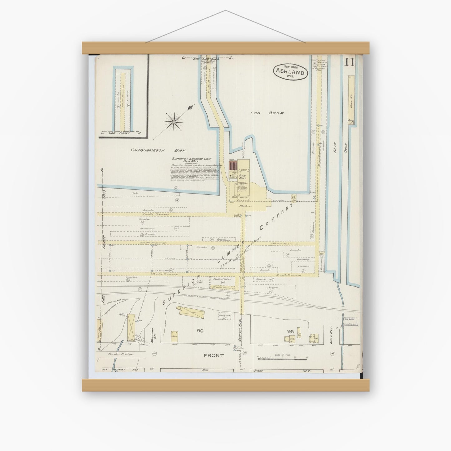 Old map wall art mockup — magnetic wood frame on white wall — Sanborn Fire Insurance Map from Ashland, Ashland County, Wisconsin (1886), Sheet #0011