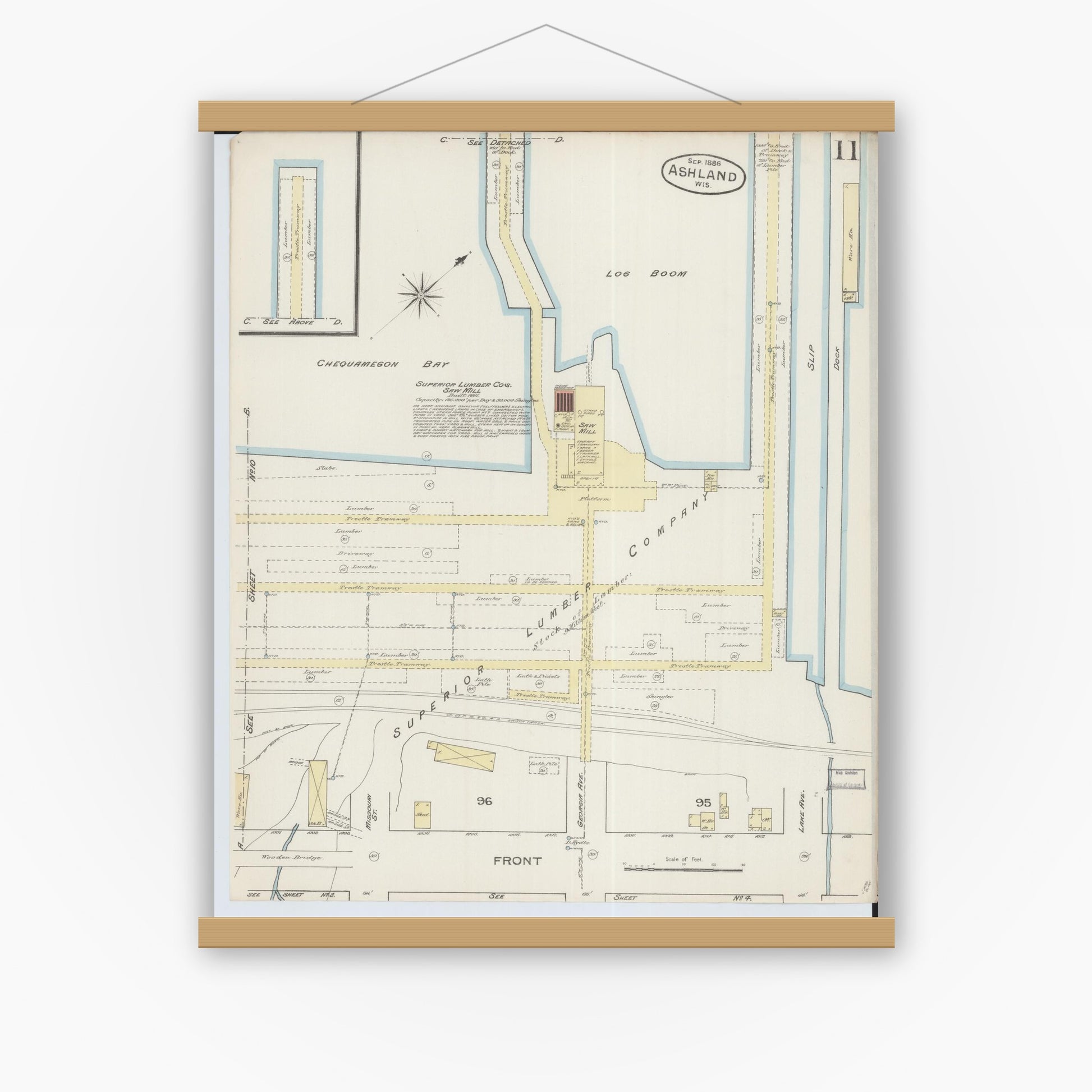 Old map wall art mockup — magnetic wood frame on white wall — Sanborn Fire Insurance Map from Ashland, Ashland County, Wisconsin (1886), Sheet #0011