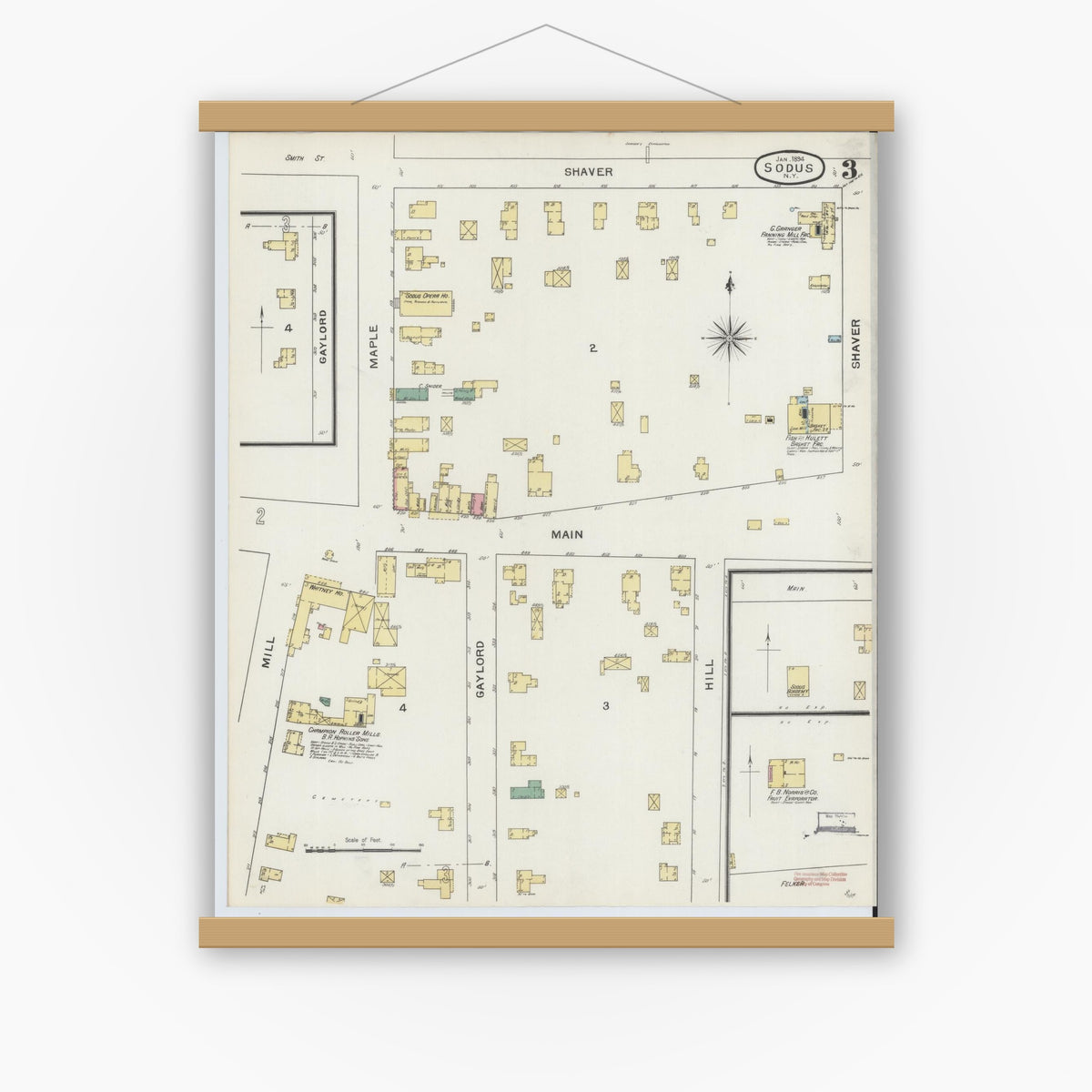 Old map wall art mockup — magnetic wood frame on white wall — Sanborn Fire Insurance Map from Sodus, Wayne County, New York (1894), Sheet #0003