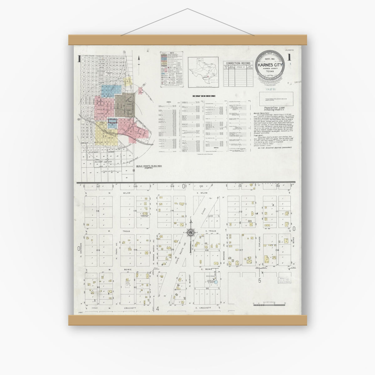 Old map wall art mockup — magnetic wood frame on white wall — Sanborn Fire Insurance Map from Karnes City, Karnes County, Texas (1951), Sheet #0001