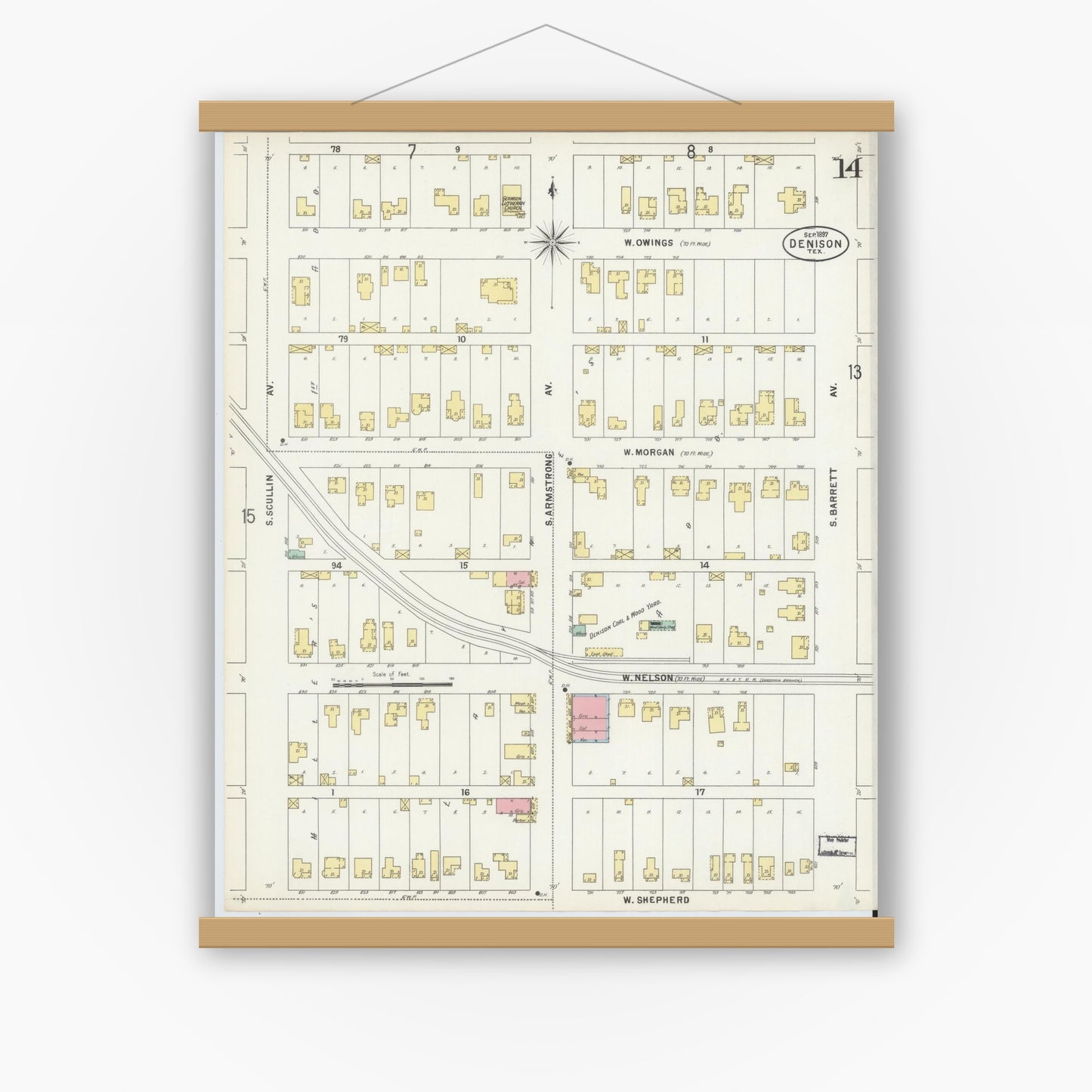 Old map wall art mockup — magnetic wood frame on white wall — Sanborn Fire Insurance Map from Denison, Grayson County, Texas (1897), Sheet #0014